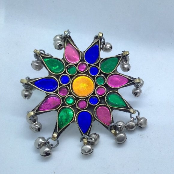 Glass Stone Ring With Dangling Silver Bells, Afghan Ethnic Ring, Massive Ring - Picture 3 of 5